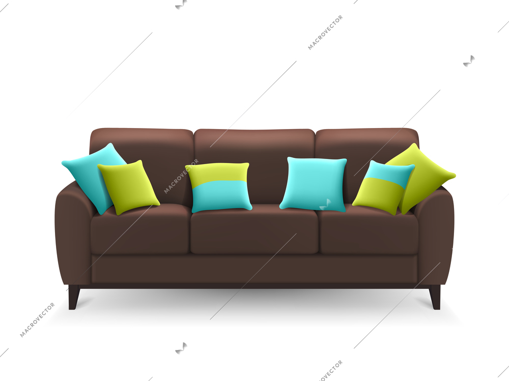 Brown sofa with decorative cushions for lounge sitting or drawing room home design isolated realistic vector illustration