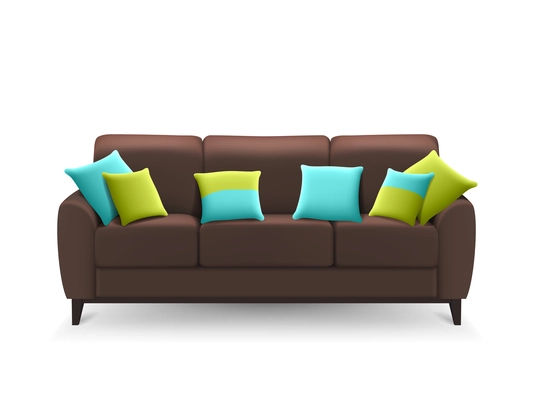 Brown sofa with decorative cushions for lounge sitting or drawing room home design isolated realistic vector illustration