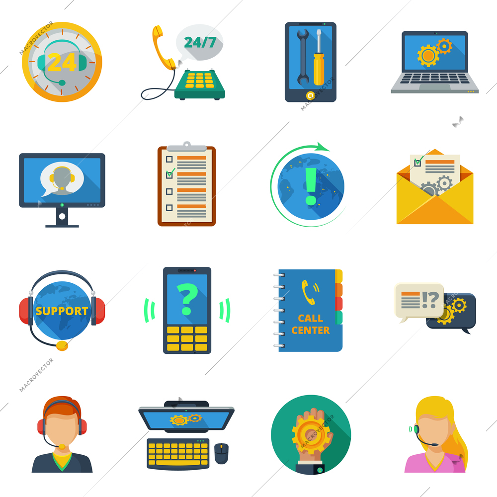 Support and customer service icons flat set isolated vector illustration