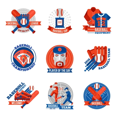 Set of baseball emblems with game equipments team players league and championship advertising flat isolated vector illustration