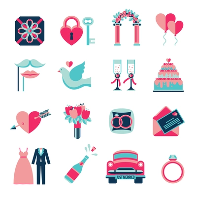 Flat icons set of different wedding elements from wedding car to doves and hearts isolated vector illustration