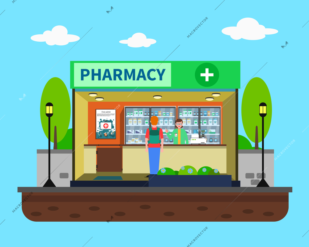 Pharmacy concept with medical drugstore building indoors flat vector illustration