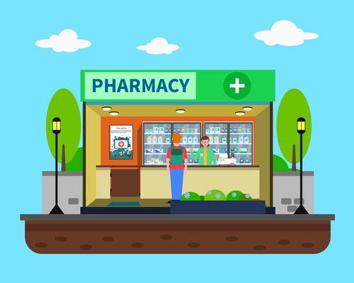 Pharmacy concept with medical drugstore building indoors flat vector illustration