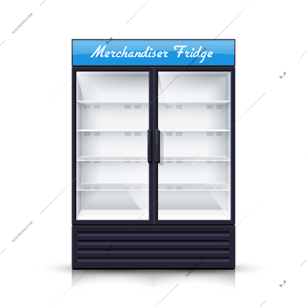 Empty vertical refrigerator for with two transparent front panels for cooling drinks and products isolated realistic vector Illustration