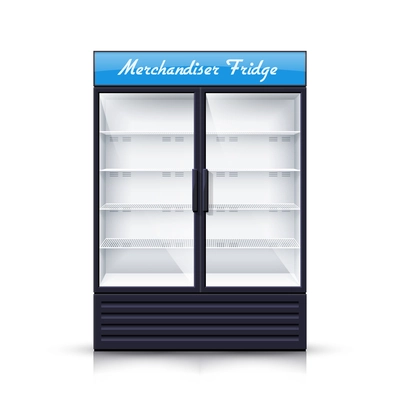 Empty vertical refrigerator for with two transparent front panels for cooling drinks and products isolated realistic vector Illustration