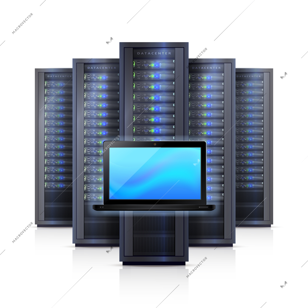 Computer hardware system elements  with black server racks framework and laptop on white background realistic vector illustration