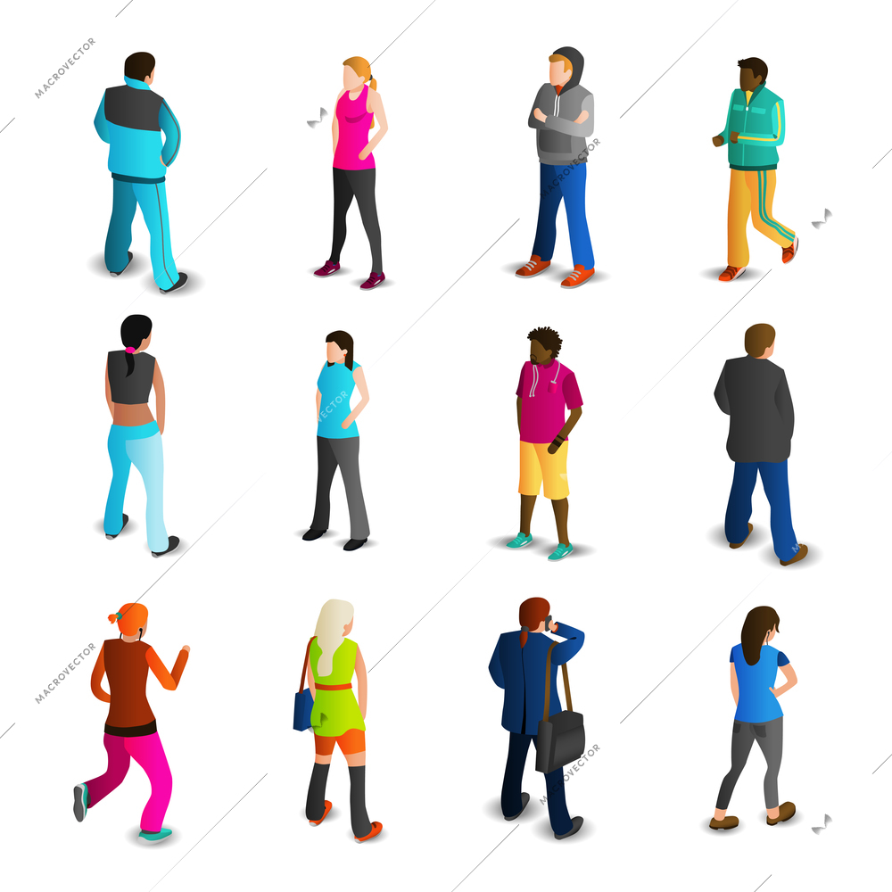 Busy and free men and women talking and running isometric icons set isolated vector illustration