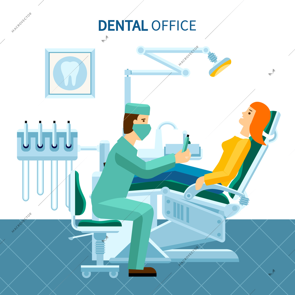 Scene in dental office of patient in dentist chair and doctor at work flat poster vector illustration