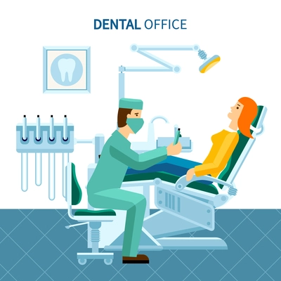 Scene in dental office of patient in dentist chair and doctor at work flat poster vector illustration