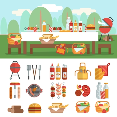 BBQ party horizontal banner set with grilled food flat isolated vector illustration