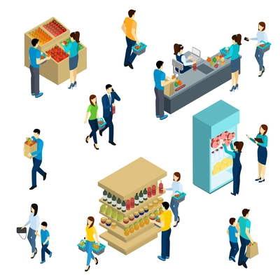 Isometric people adults and kids in grocery shop isolated vector illustration