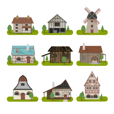 Medieval ancient buildings set of different kinds of traditional houses isolated vector illustration