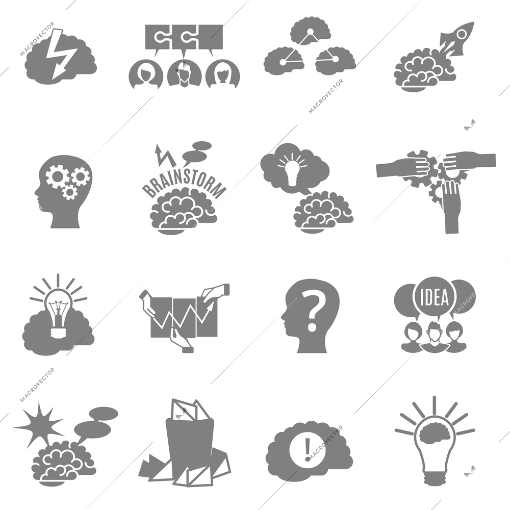 Set of flat monochrome brainstorm icons with brains lightbulbs ideas and other abstract elements isolated vector illustrarion