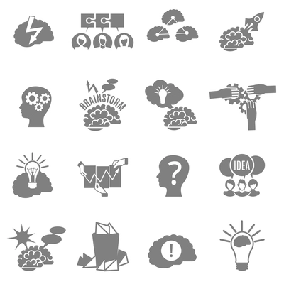 Set of flat monochrome brainstorm icons with brains lightbulbs ideas and other abstract elements isolated vector illustrarion