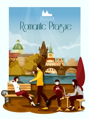 Romantic Prague poster with loving couple and landmarks on background vector illustration