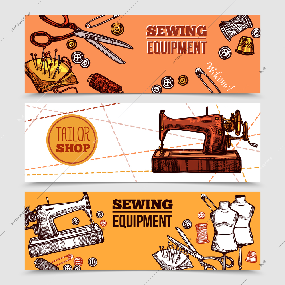 Vintage sewing banners with tailor tools mannequins and sewing machine in hand drawn style vector illustration