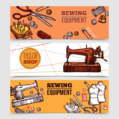 Vintage sewing banners with tailor tools mannequins and sewing machine in hand drawn style vector illustration