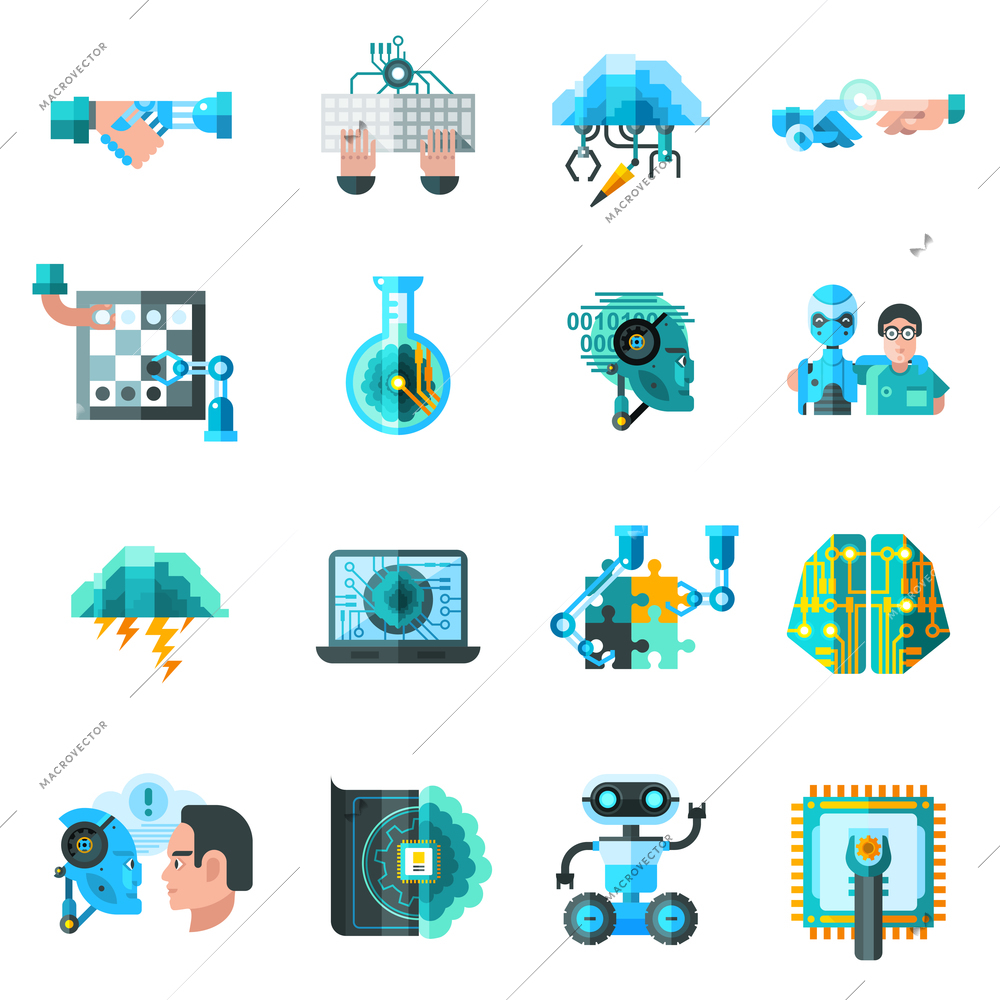 Artificial intelligence icons set with robot laptop and keyboard flat isolated vector illustration