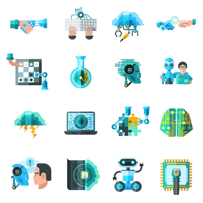 Artificial intelligence icons set with robot laptop and keyboard flat isolated vector illustration