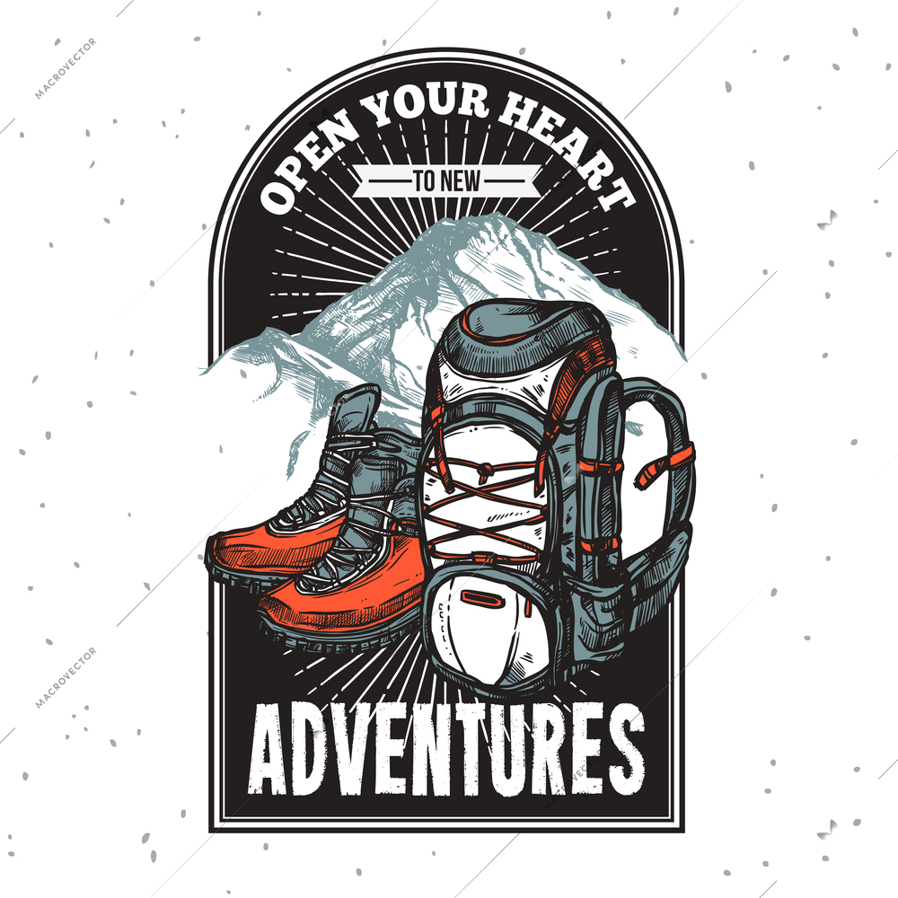 Adventure lettering emblem print of boots and backpack on mountain background with title hand drawn vector illustration