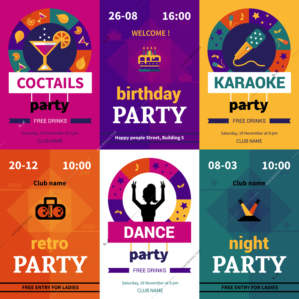 Six color decorative party posters showing billboards with name and date of event flat vector illustration