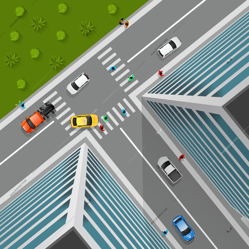 Top view on city crossroad in 3d design with cars pedestrians truck in business district vector illustration