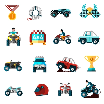 Offroad icons set with cars bikes and awards flat isolated vector illustration