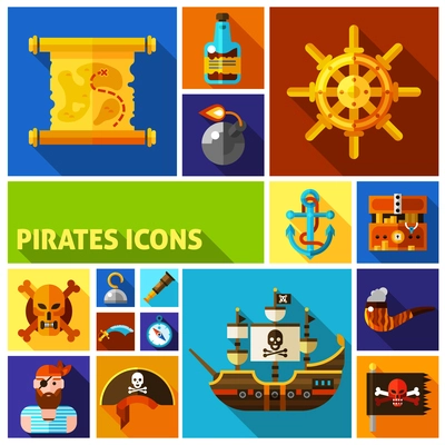 Pirates flat cartoon icons in colorful squares with map ship helm anchor smoking pipe bottle of rum isolated vector illustration