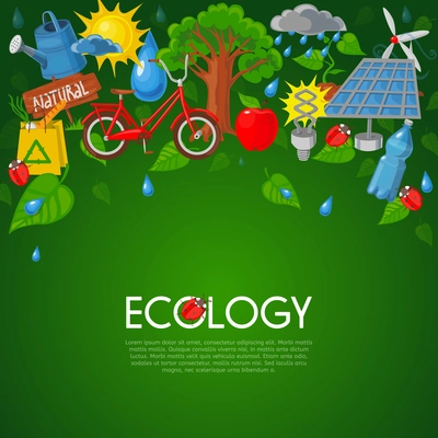 Ecology concept with nature recycling and green energy symbols flat vector illustration