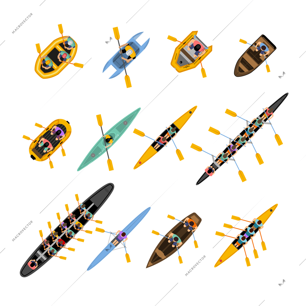 Rafting kayaking top view set with boats of different forms and colors with people inside isolated vector illustration