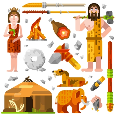 Prehistoric stone age cartoon decorative icons with cavemen family fire hut food and weapon for hunting isolated vector illustration