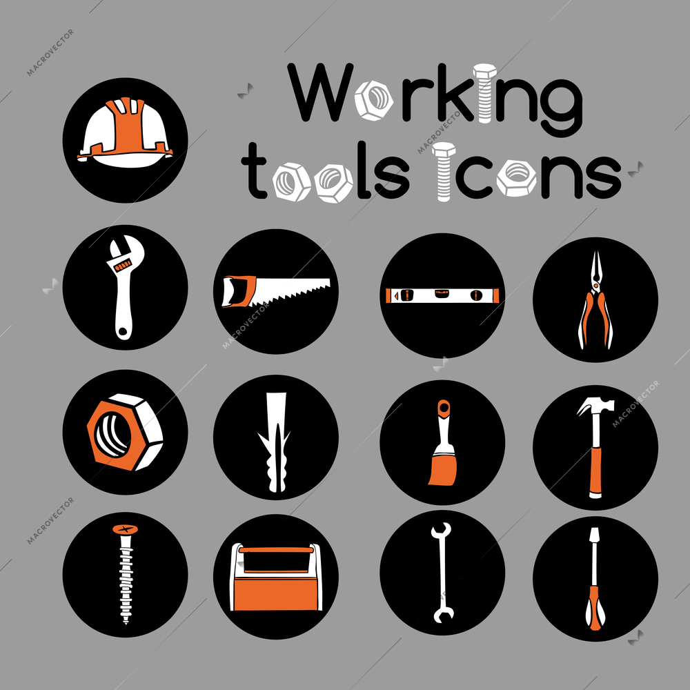 Construction working instruments icons or stickers set of engineering equipment and repair service