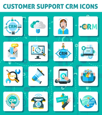 Customer support CRM square icons set with computer and laptop flat isolated vector illustration