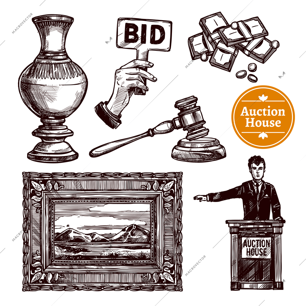 Hand drawn sketch auction set with rare picture vase bid money hammer and manager isolated vector illustration