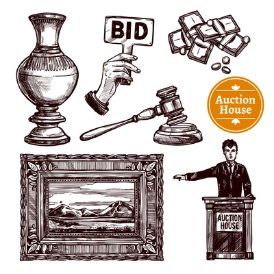 Hand drawn sketch auction set with rare picture vase bid money hammer and manager isolated vector illustration
