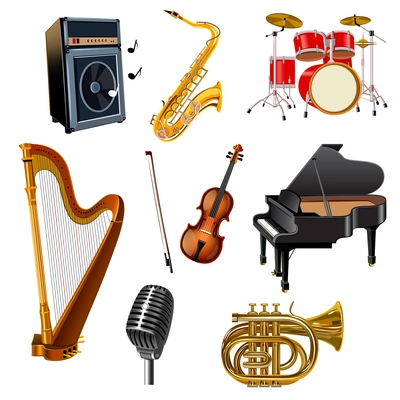 Musical instruments decorative icons set with guitar drum harp piano violin isolated vector illustration