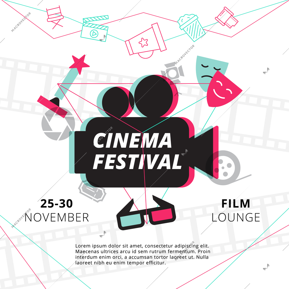 Cinema festival poster with camcorder silhouette in center and attributes of film industry vector illustration