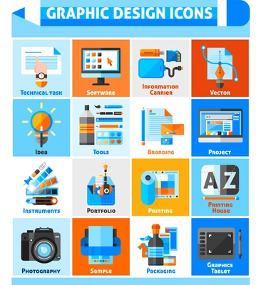 Graphic design square icons set with branding project and tools symbols flat isolated vector illustration