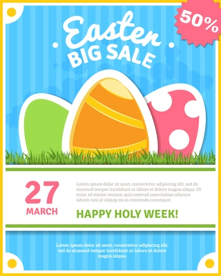 Easter holiday sale poster with colorful eggs flat vector illustration