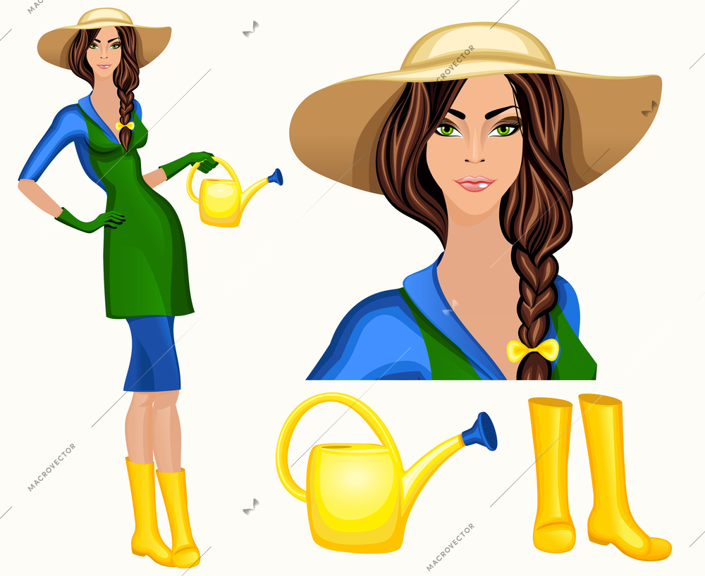 Attractive young gardener woman standing in wide brim hat and wellingtons with watering can vector illustration