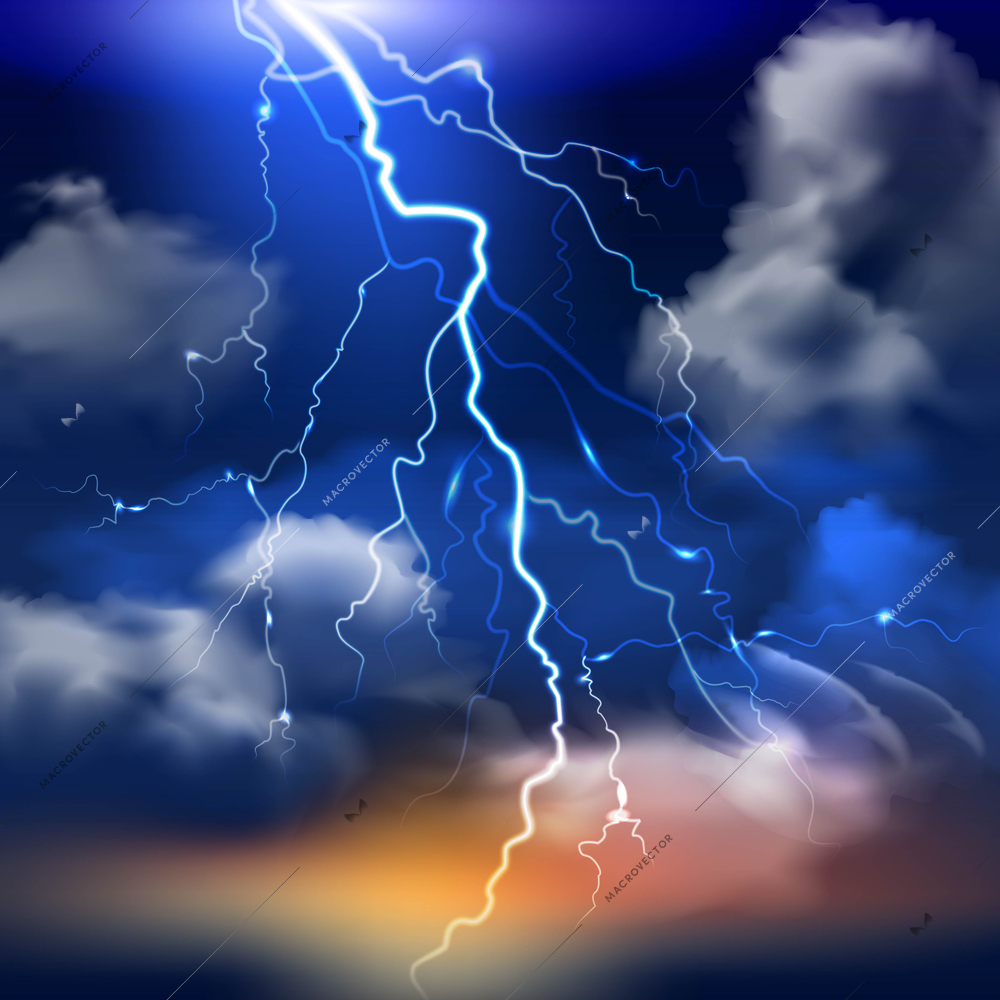 Lightning and stormy sky with heavy clouds realistic background vector illustration