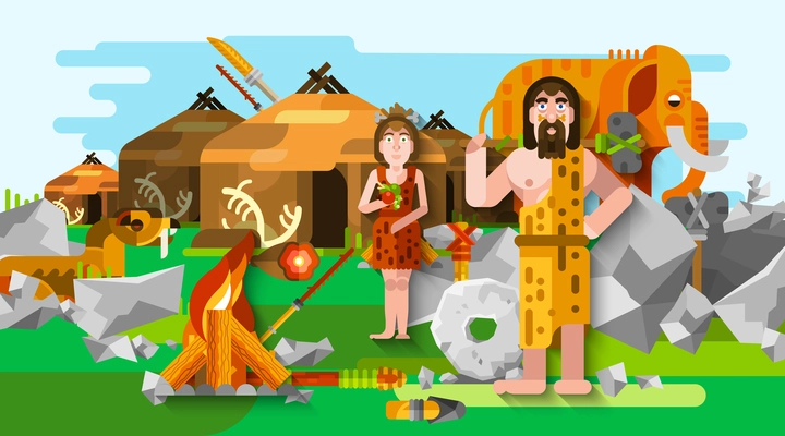 Prehistoric stone age caveman composition in cartoon style with primitive people fire mammoth and ancient settlement on background flat vector illustration