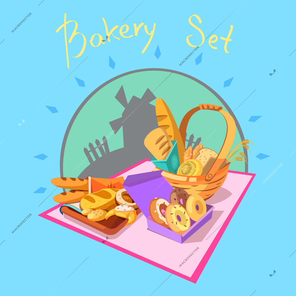 Bakery concept with pastry and bread and windmill on background cartoon retro vector illustration