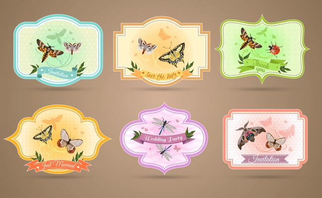 Insects emblems set and invitation cards realistic isolated vector illustration