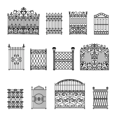 Decorative black white fences set with gates flat isolated vector illustration