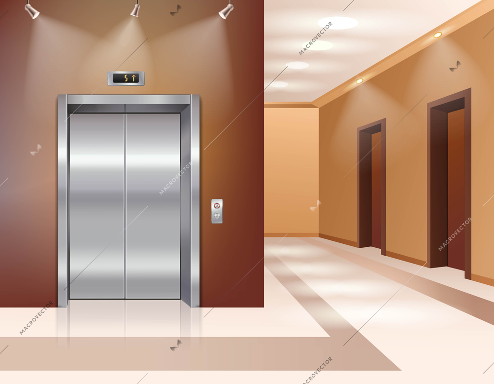 Hotel or office building hall with closed elevator door realistic vector illustration