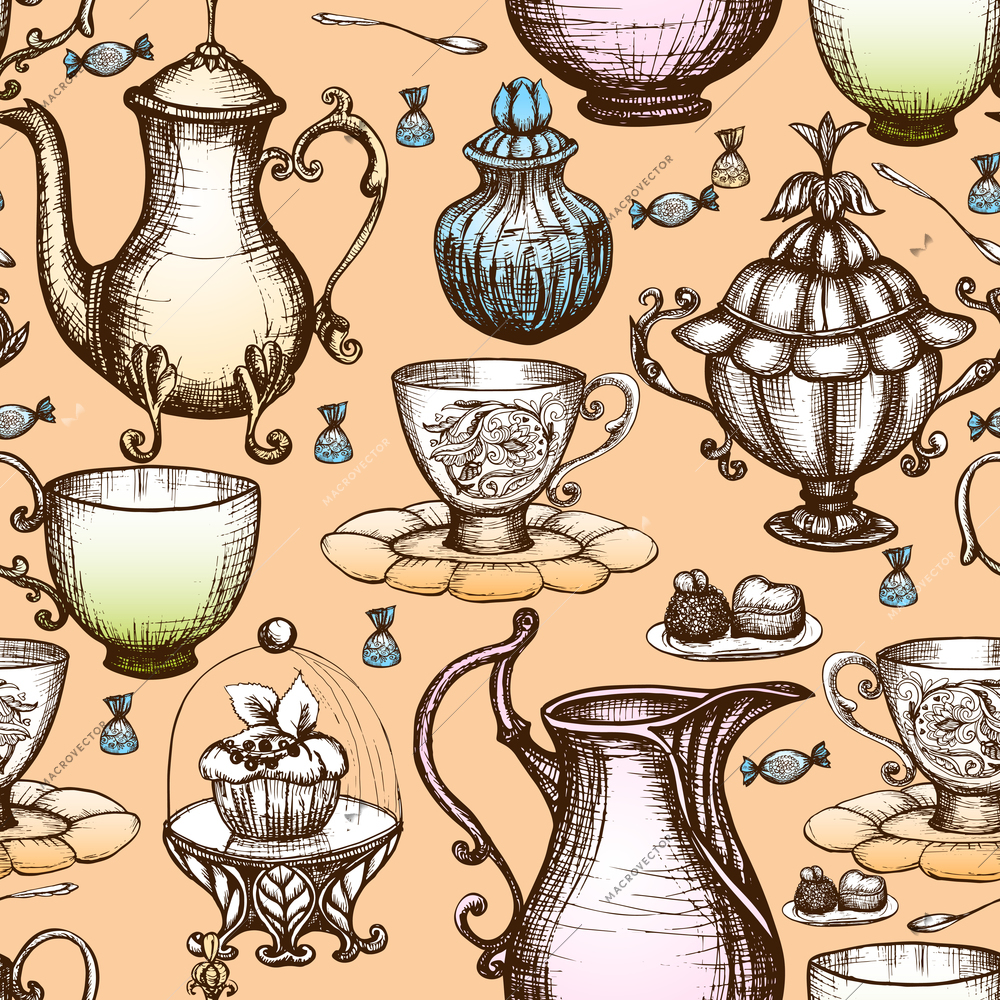 Vintage tea seamless pattern with hand drawn pots and cups vector illustration