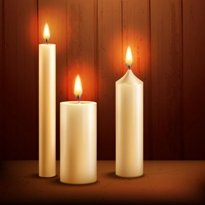 Three realistic burning wax candles on wooden texture background vector illustration