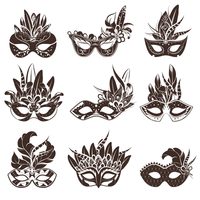 Mask black white icons set for masquerade and theatre performance flat isolated vector illustration