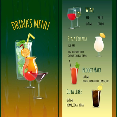 Summer cocktails bar menu template with drink glasses vector illustration
